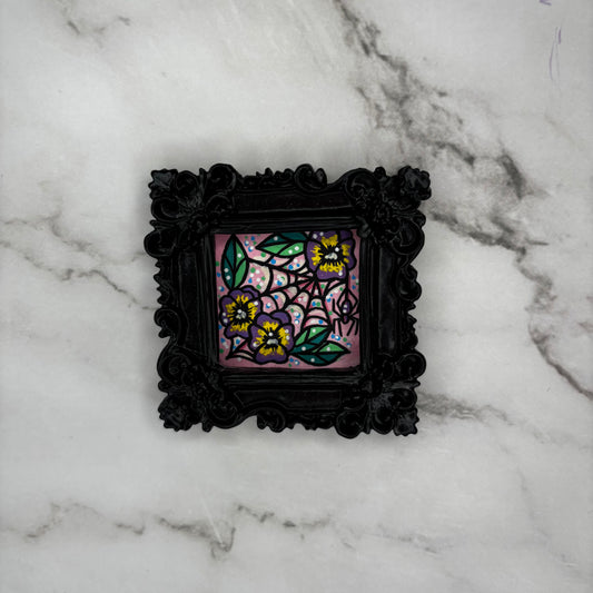 Original Mini Square Framed Painting - Webs Amongst the Pansies