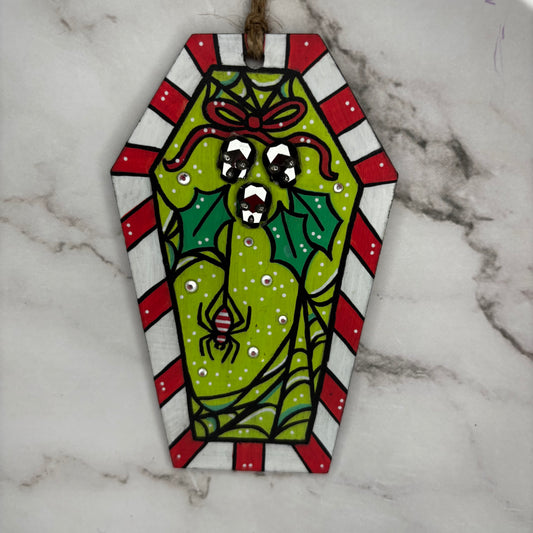 Candycane Webs Hand Painted Coffin Ornament