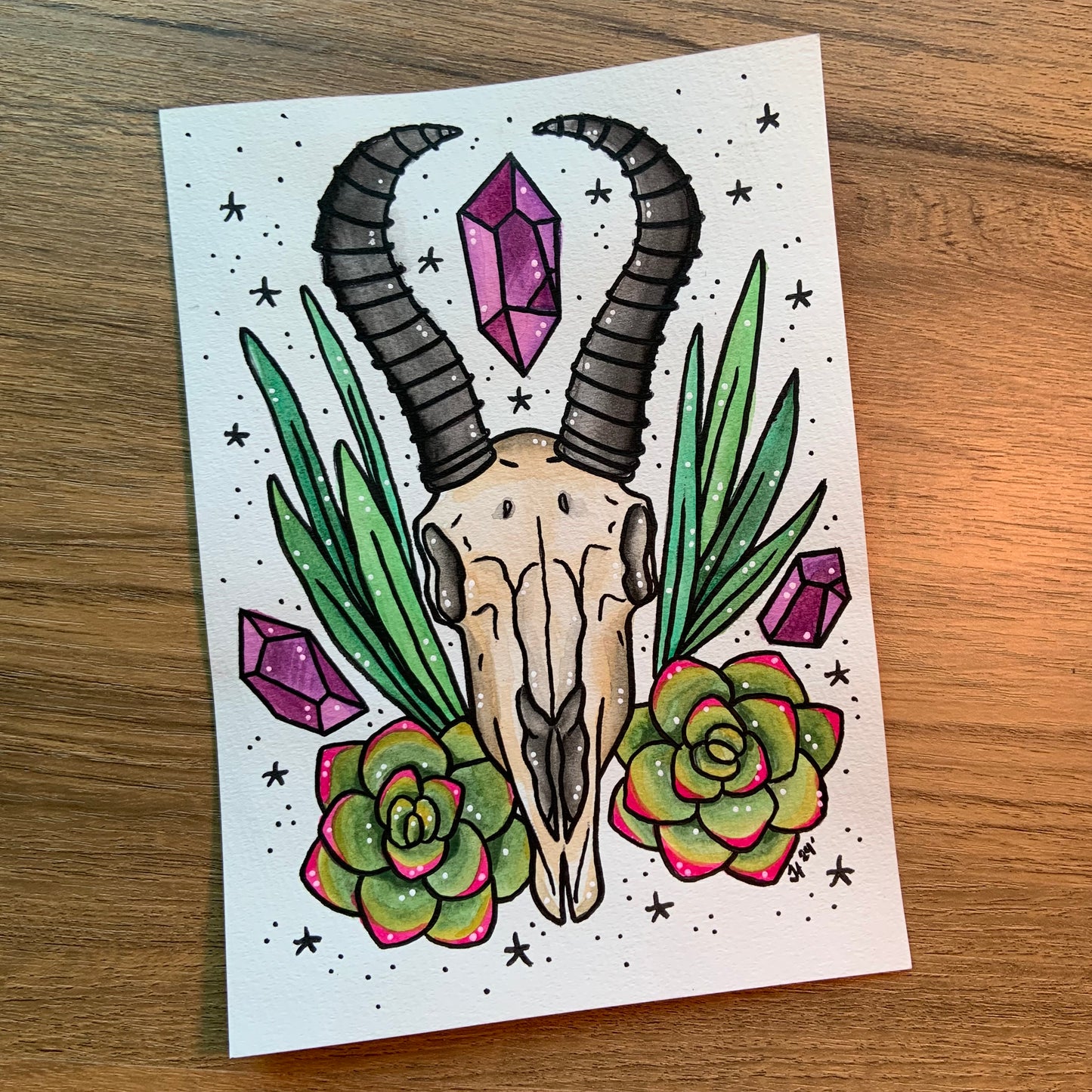 Original 5x7 Painting with Black Matte Frame - Springbuck Skull