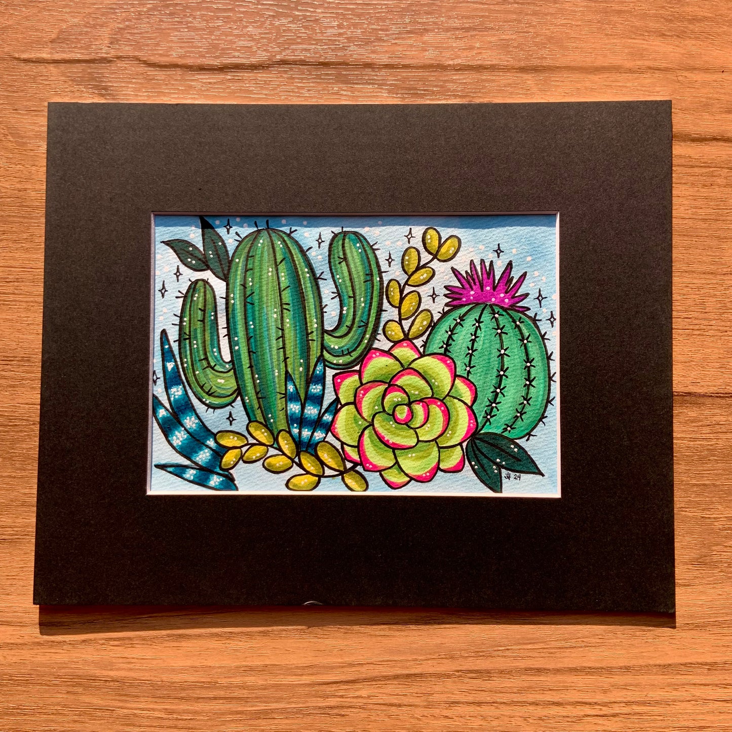 Original 5x7 Painting with Black Matte Frame - Succulent Garden