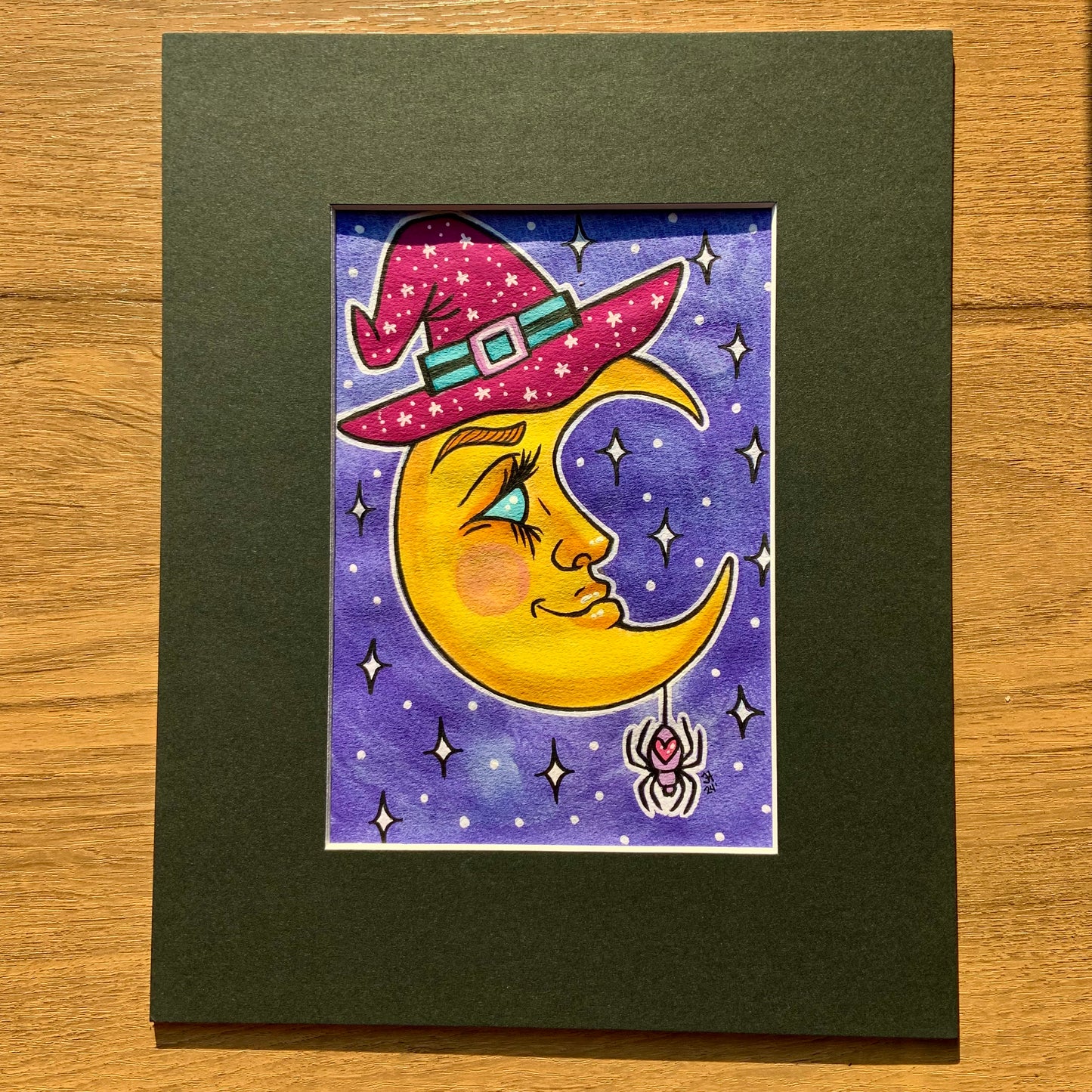 Original 5x7 Painting with Black Matte Frame - Moon Witch