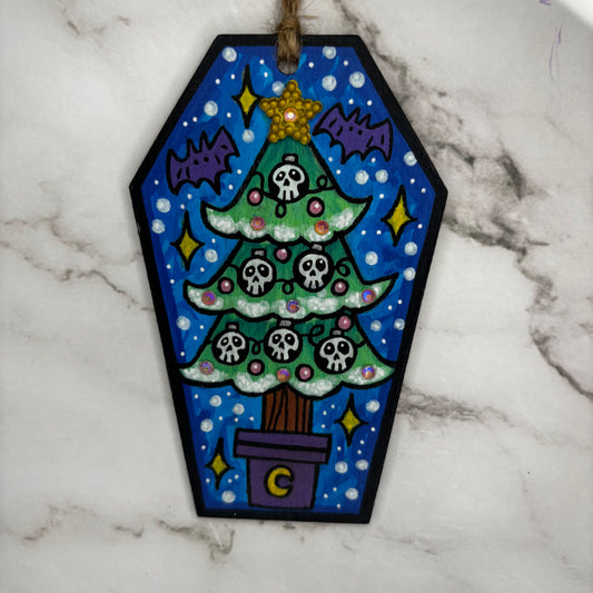 Spooky Holiday Tree Hand Painted Coffin Ornament