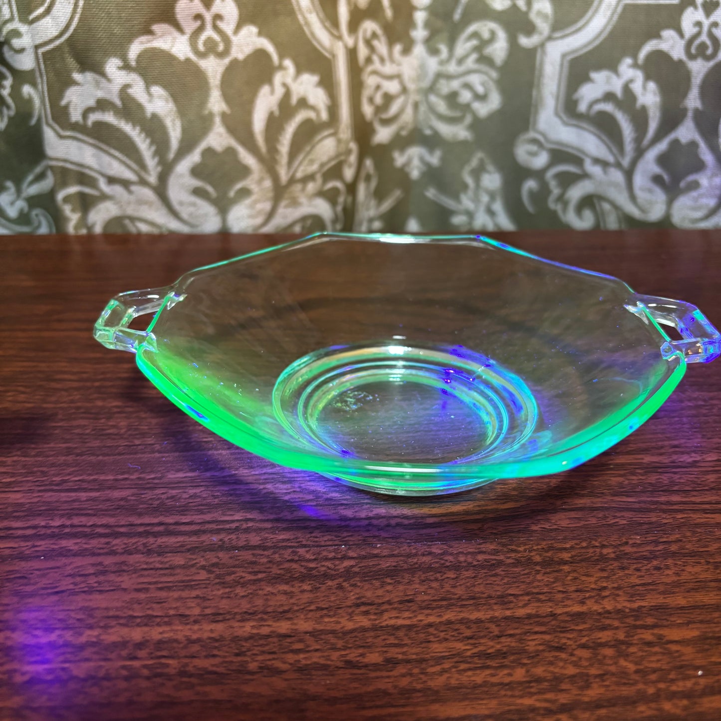 Uranium Vintage Green Heisey Octagon Double Handle Dish