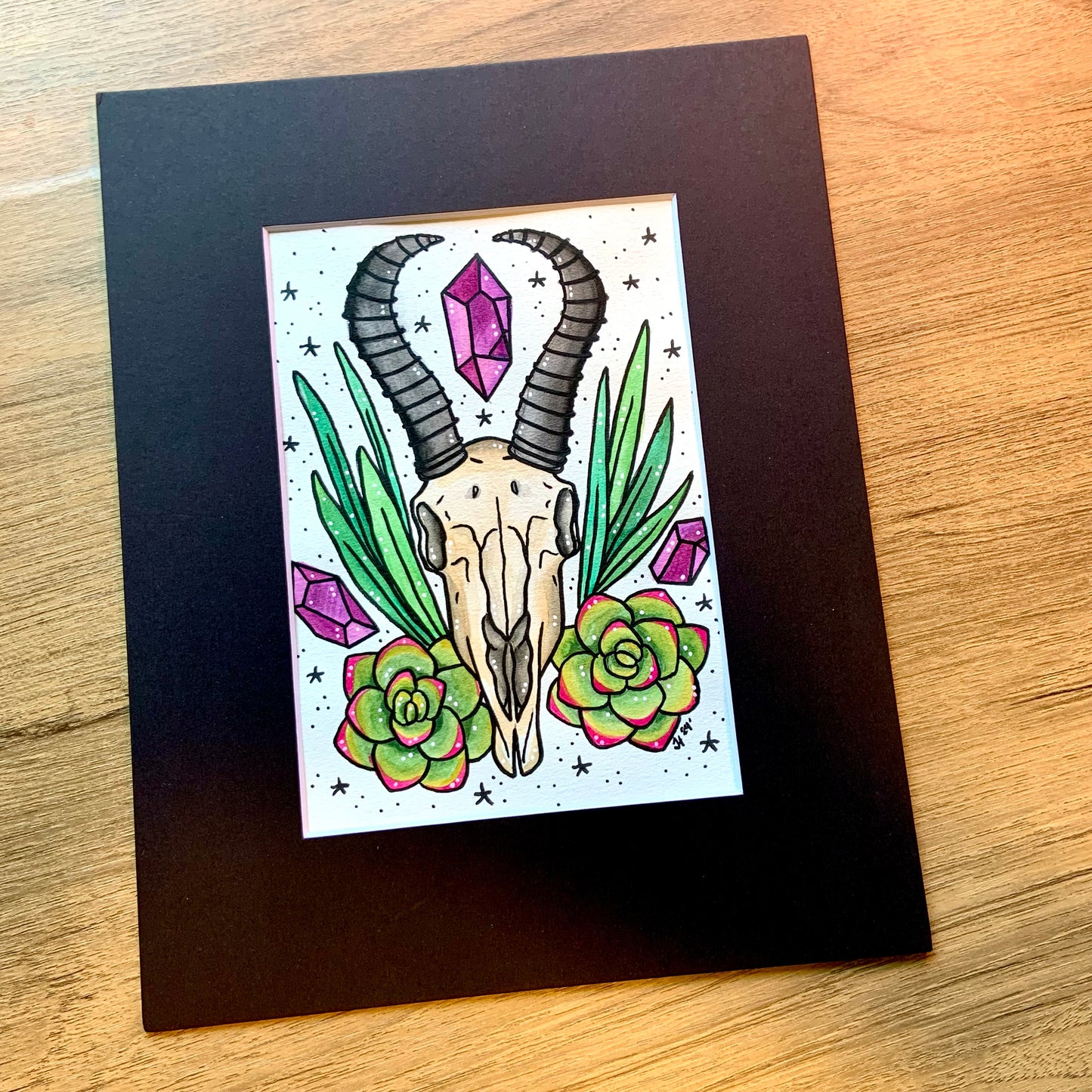 Original 5x7 Painting with Black Matte Frame - Springbuck Skull