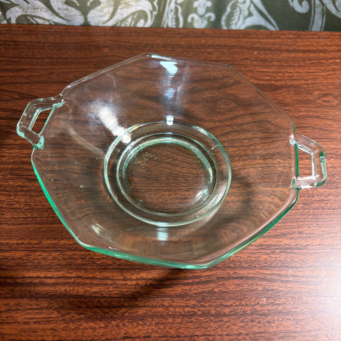 Uranium Vintage Green Heisey Octagon Double Handle Dish