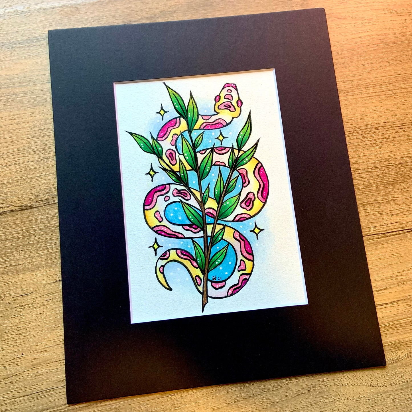 Original 5x7 Painting with Black Matte Frame - Snake & Leaves