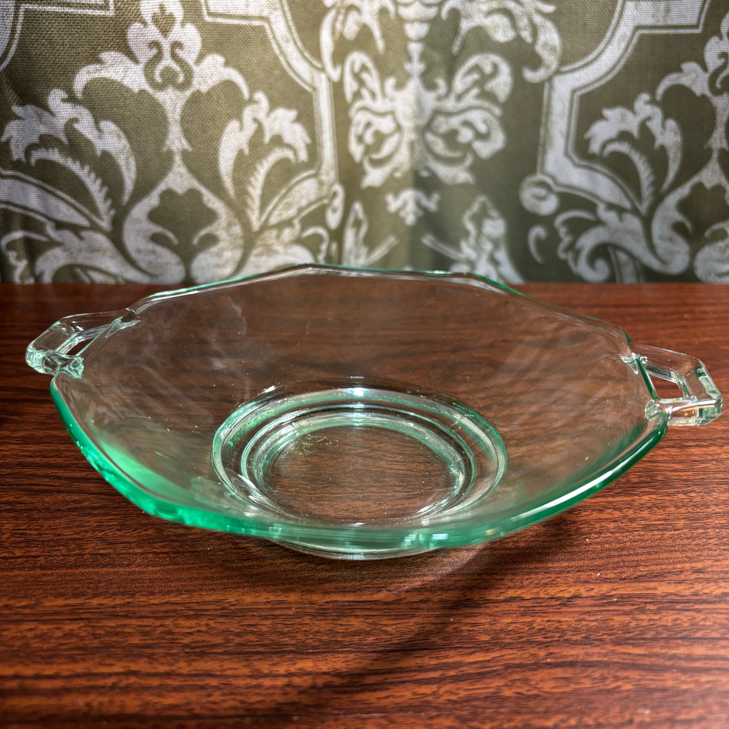 Uranium Vintage Green Heisey Octagon Double Handle Dish